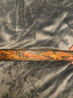 Tooled Leather Belt with Eagle and Flag Motif - Brown/Tan